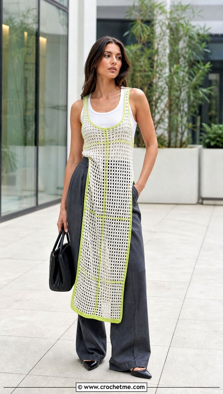 White Filet Crochet Dress With Tailored Trousers - 35 white crochet dress outfit ideas