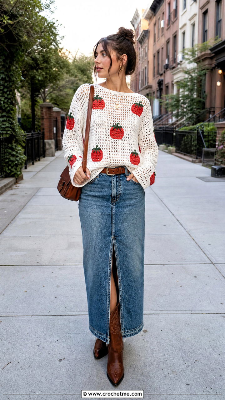 White Filet Crochet Sweater With Denim Maxi Skirt - 35 white crochet sweater outfit ideas