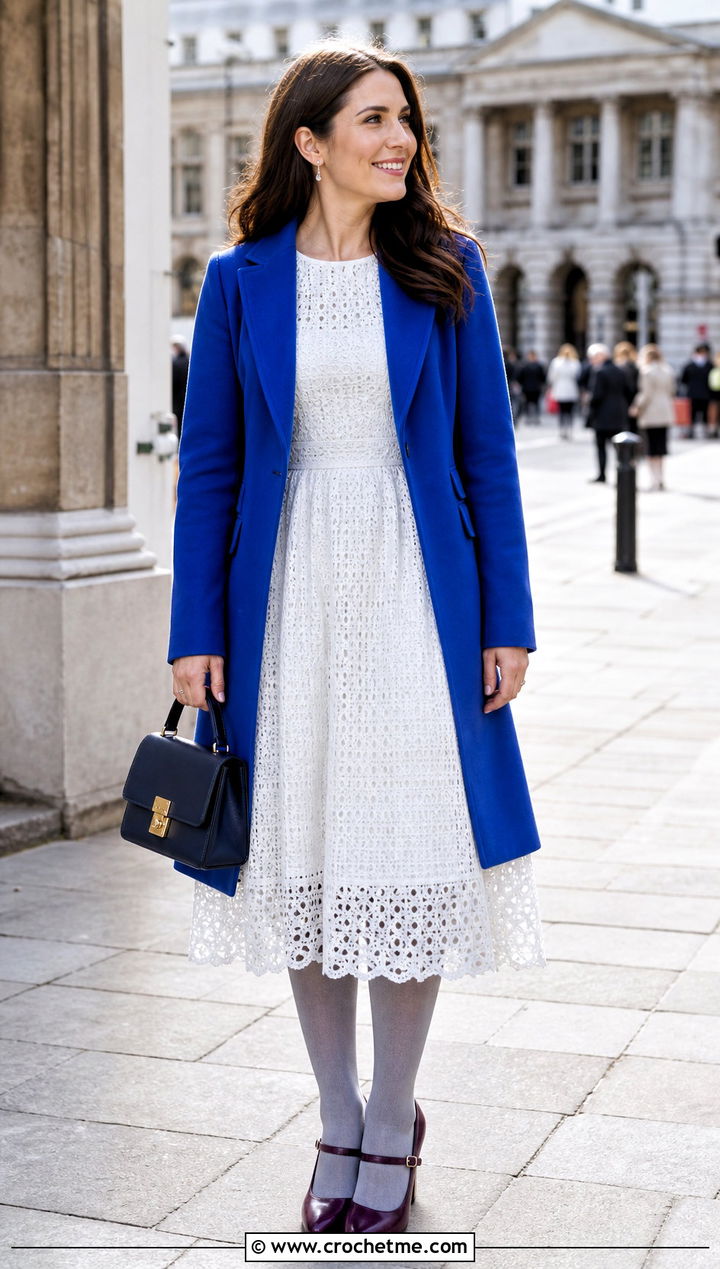 White Fit And Flare Lace Crochet Dress With Colorful Coat - 15 white lace crochet dress outfit ideas