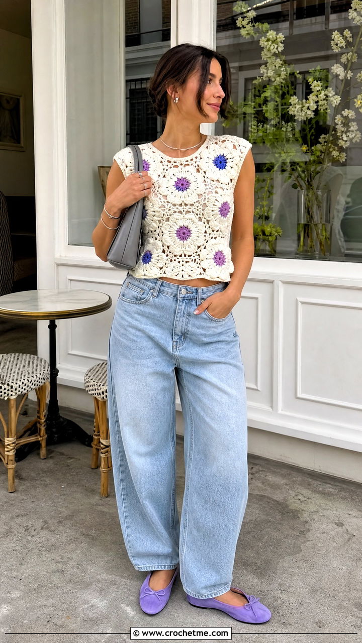 White Floral Applique Crochet Top With Barrel Jeans - 35 white crochet top outfit ideas