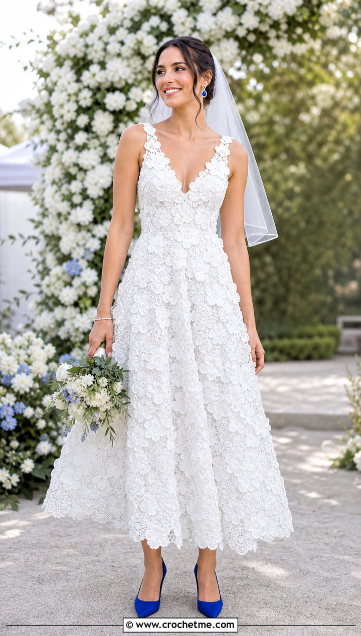 White Floral Crochet A Line Wedding Dress With Cobalt Heels - 25 white crochet wedding dress outfit ideas