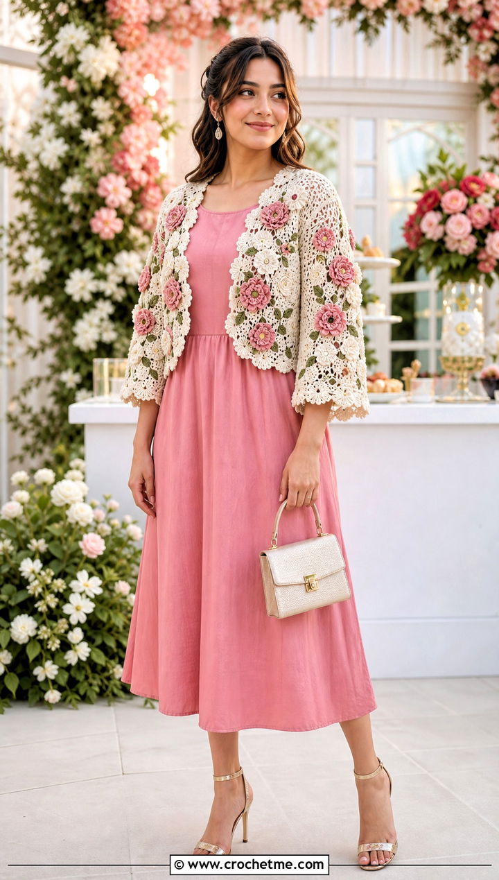 White Floral Motif Crochet Shrug With Midi Dress - 30 White Crochet Shrug outfit ideas