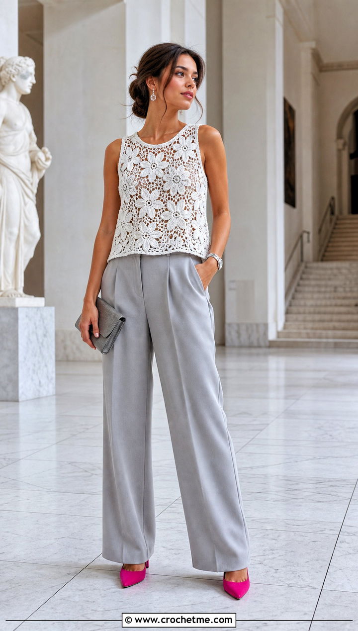White Floral Motif Crochet Tank Top With Suit Pants - 15 White Crochet Tank Top Hanging outfit ideas