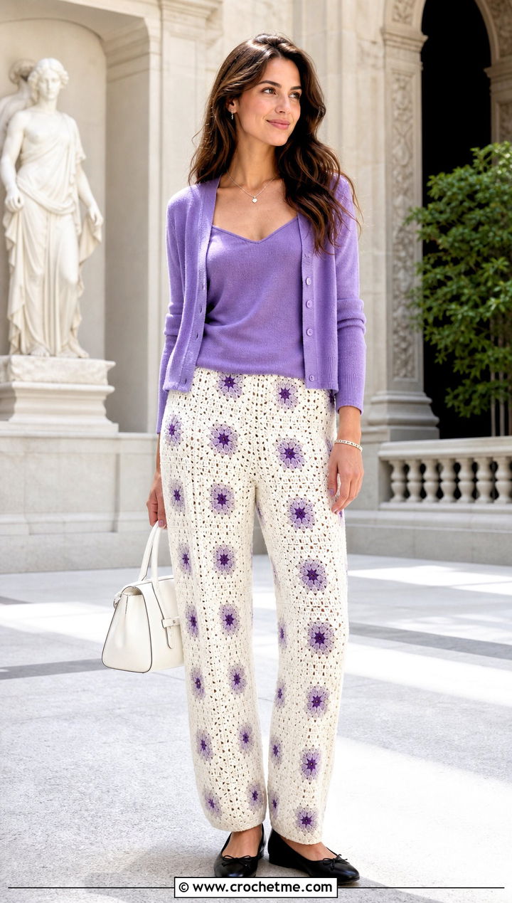 White Floral Motif Crochet Trousers With Cardigan Set - 25 White Crochet Trousers outfit ideas