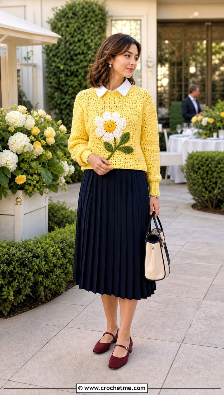White Flower Crochet Mabel Pines Sweater With Pleated Skirt - 15 Crochet Mable Pines Sweater outfit ideas