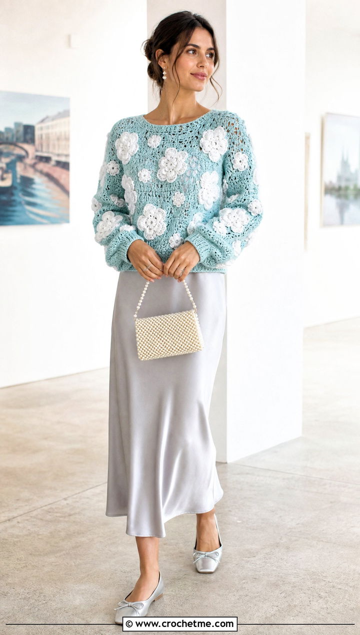 White Flower Crochet Mabel Sweater With Satin Slip Skirt - 35 crochet mabel sweater outfit ideas