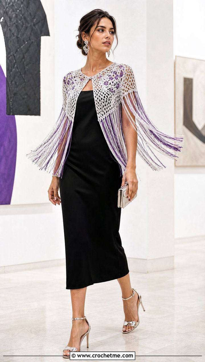 White Fringe Crochet Bolero With Black Column Dress - 15 white crochet bolero jacket outfit ideas