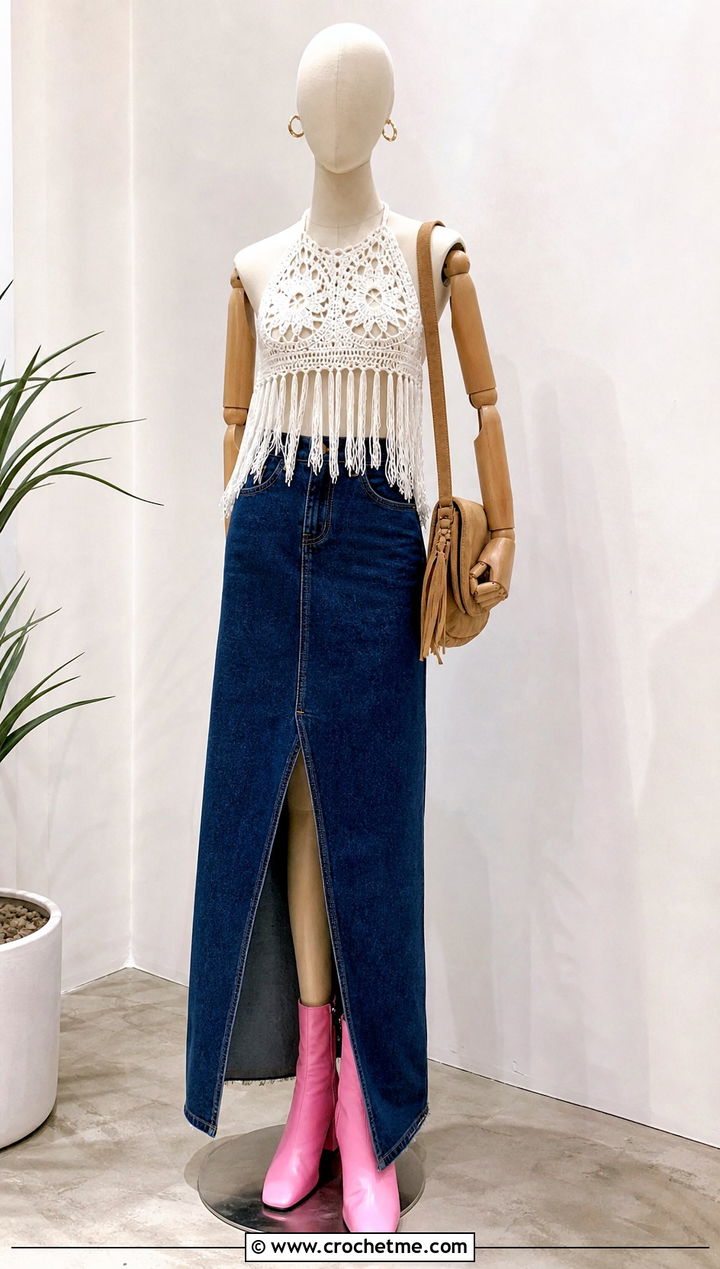 White Fringe Crochet Crop Top With Denim Maxi Skirt - 15 white crochet top on mannequin outfit ideas