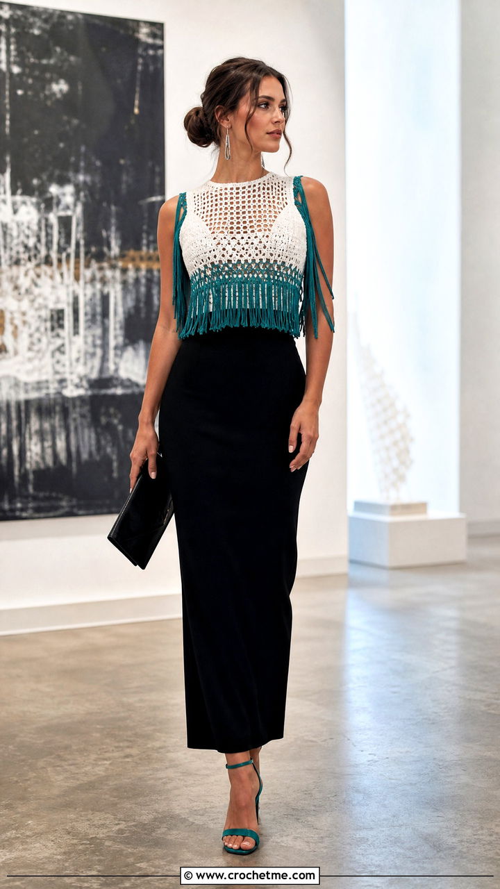 White Fringe Crochet Top With Column Skirt - 35 white crochet top outfit ideas