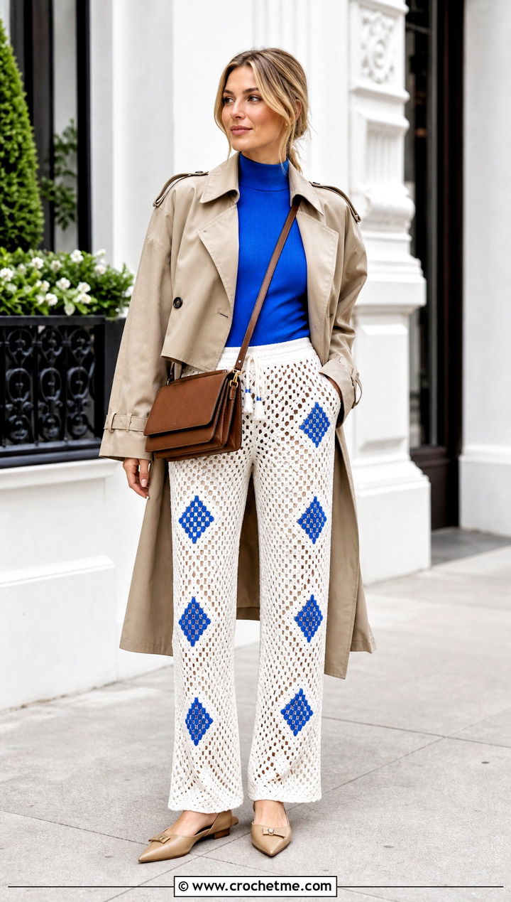 White Geometric Crochet Pants With Cropped Trench Coat - 35 white crochet pants outfit ideas