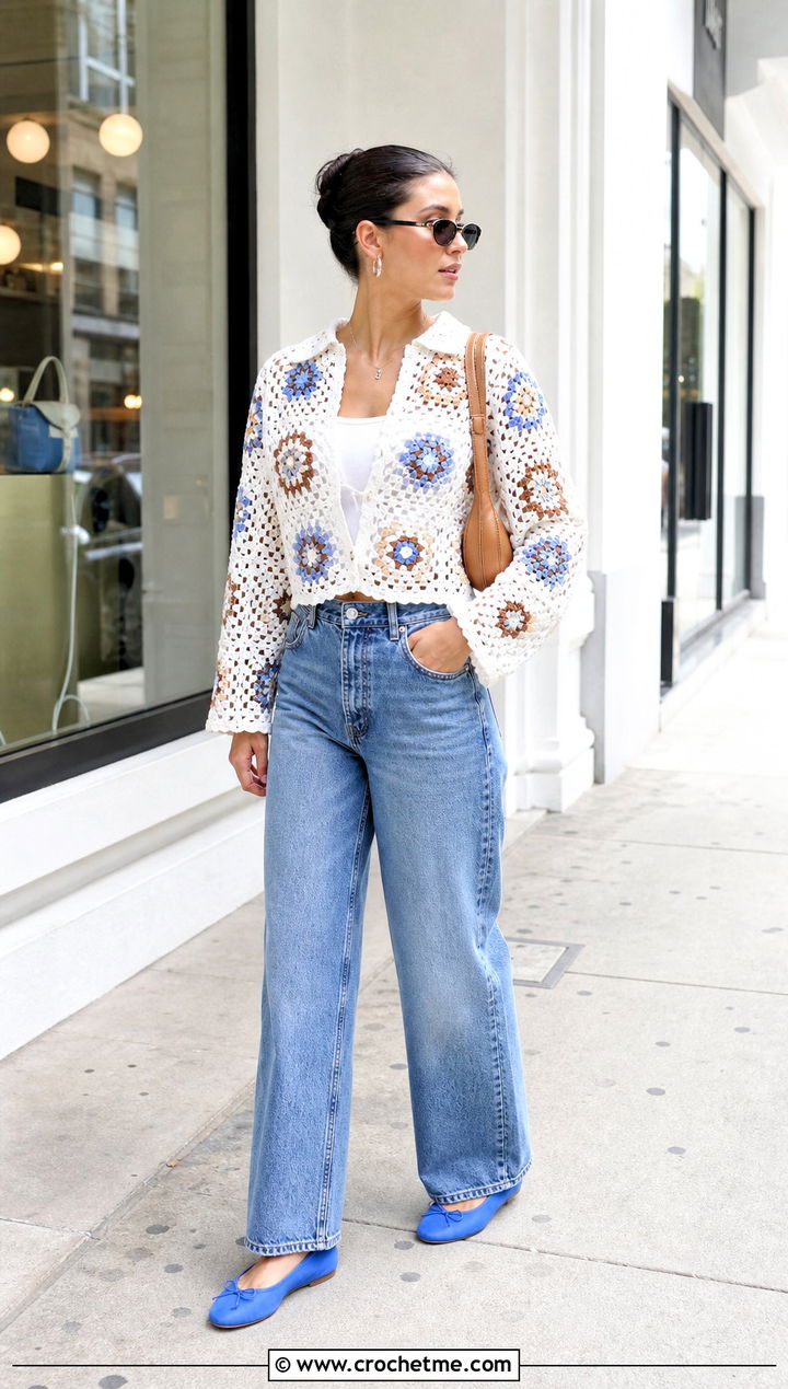 White Granny Square Crochet Blouse With Wide Leg Jeans - 15 white crochet blouse design outfit ideas