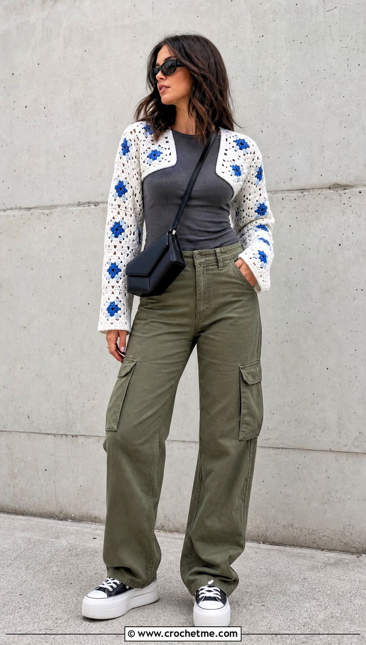 White Granny Square Crochet Bolero With Cargo Pants - 15 white crochet bolero jacket outfit ideas