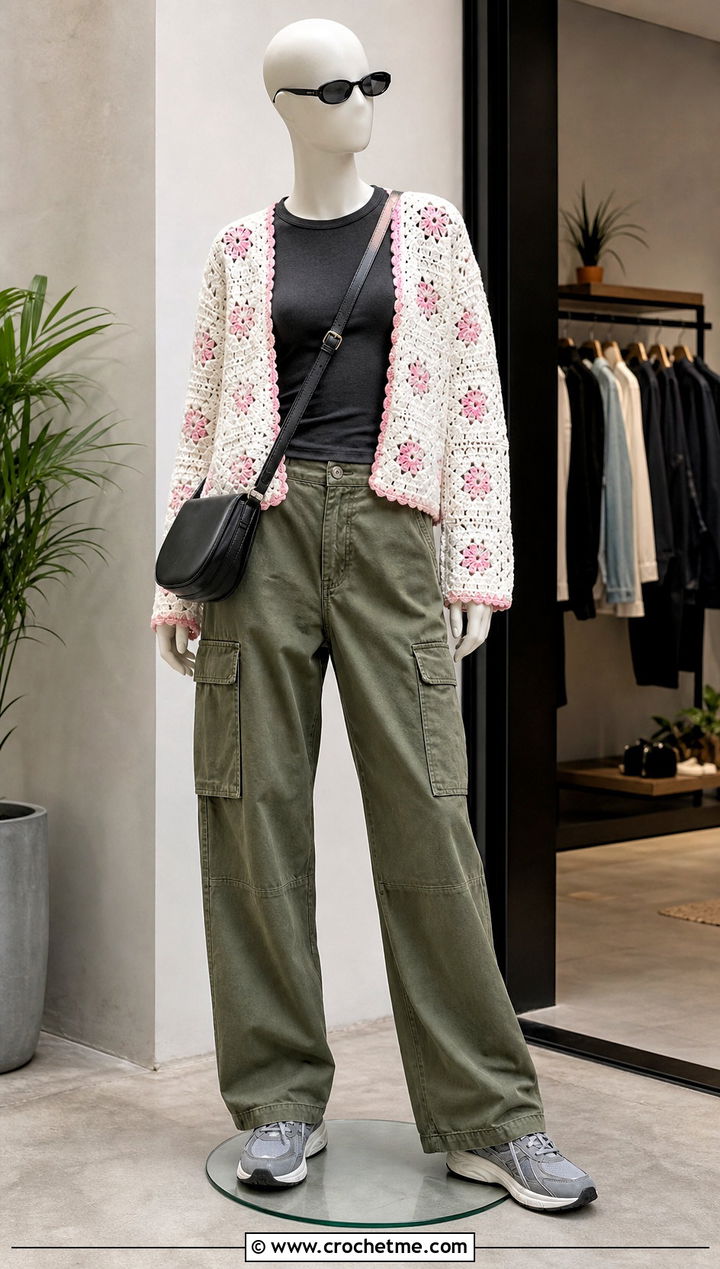 White Granny Square Crochet Cardigan With Cargo Pants - 15 White Crochet Cardigan On Mannequin outfit ideas