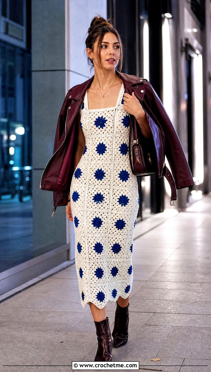 White Granny Square Crochet Dress With Moto Jacket - 35 white crochet dress outfit ideas