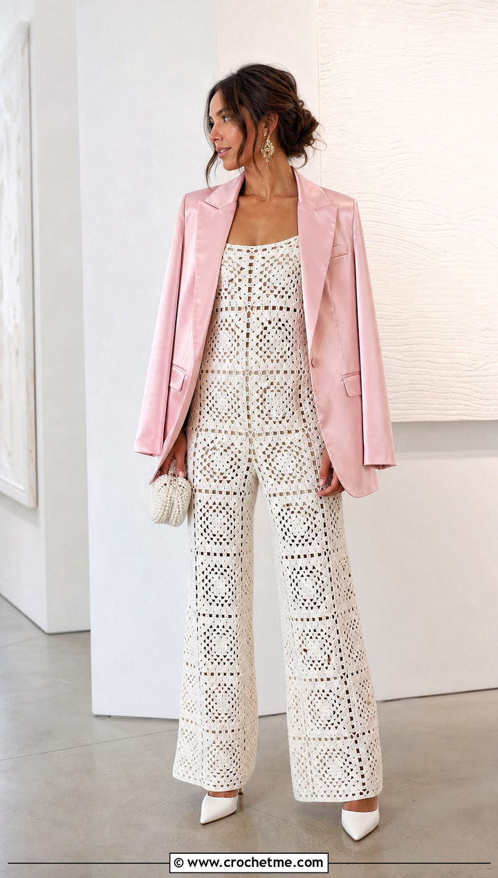 White Granny Square Crochet Jumpsuit With Satin Blazer - 15 white crochet jumpsuit outfit ideas