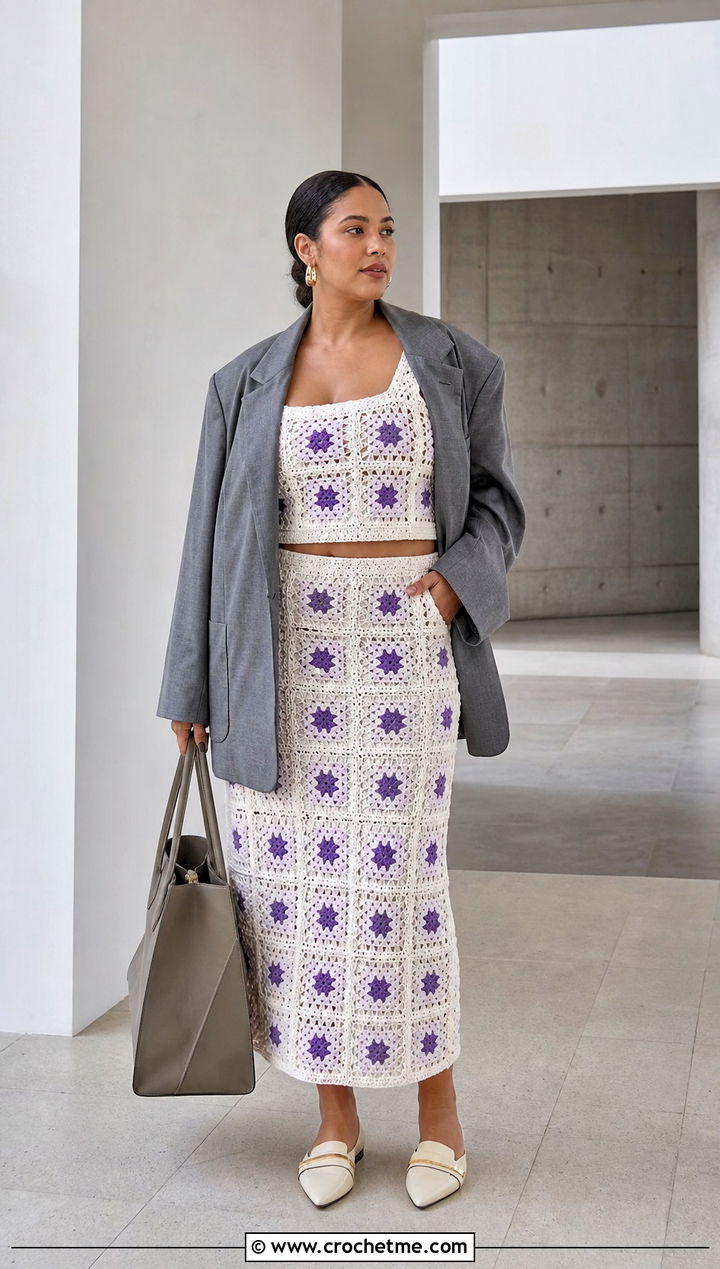 White Granny Square Crochet Midi Skirt Set With Oversized Blazer - 15 white crochet skirt set outfit ideas