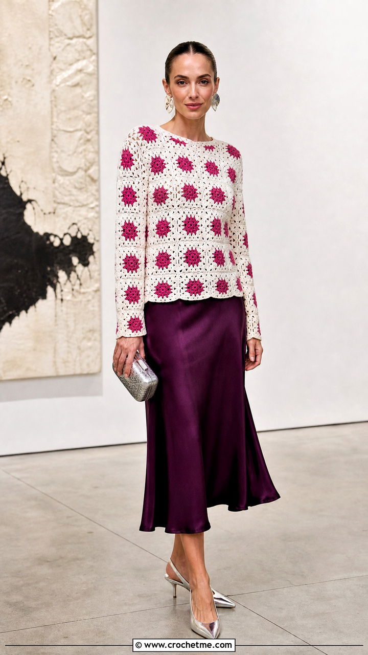 White Granny Square Crochet Sweater With Satin Midi Skirt - 35 white crochet sweater outfit ideas