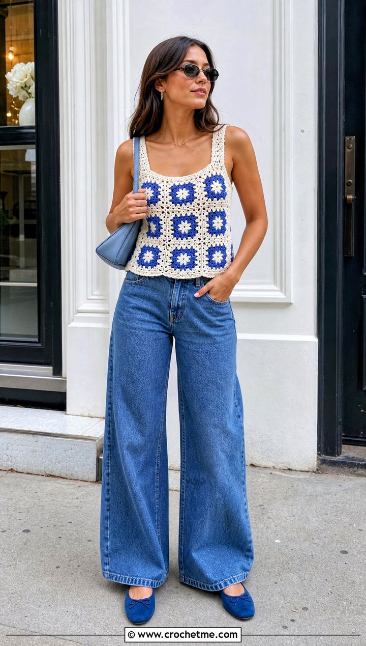 White Granny Square Crochet Tank Top With Wide Leg Jeans - 30 White Crochet Tank Top outfit ideas
