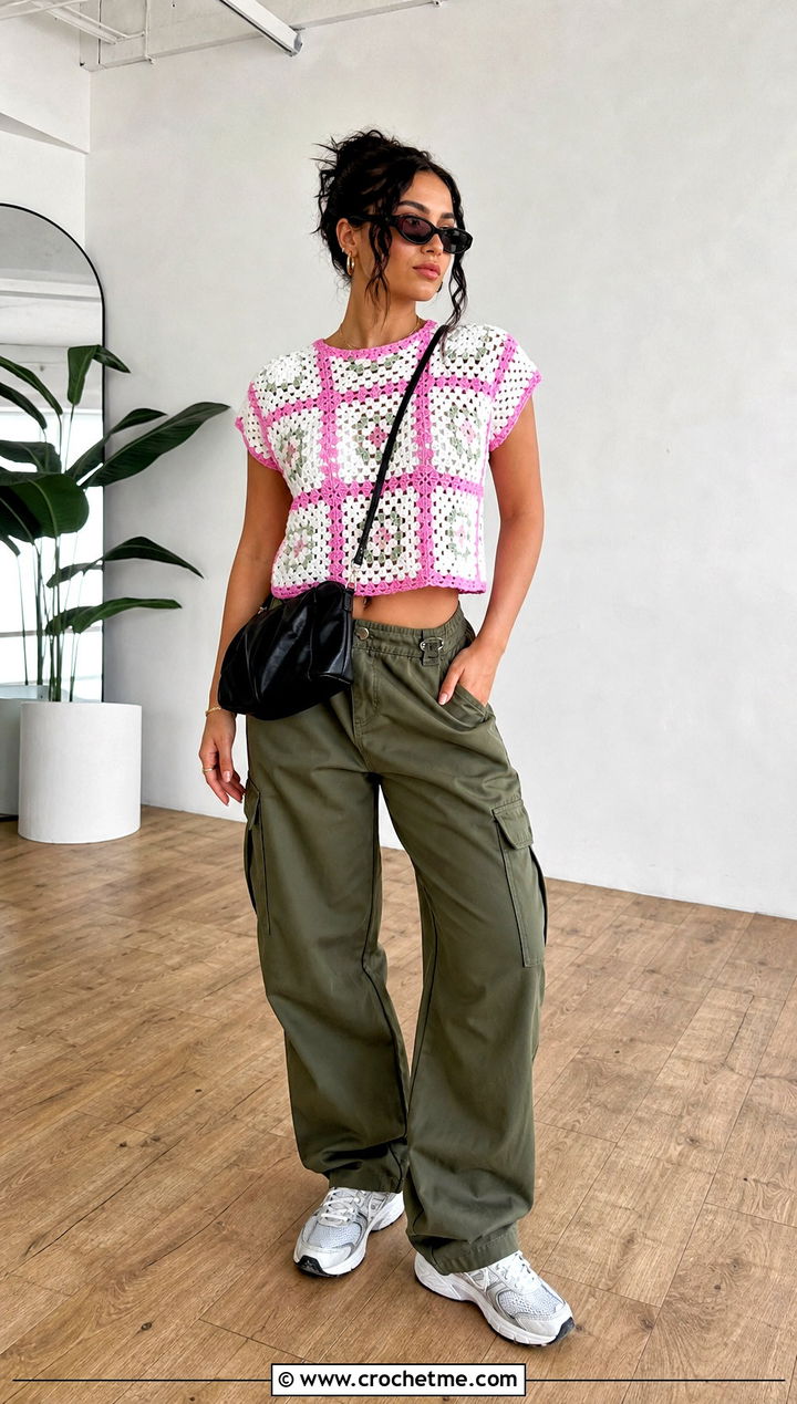 White Granny Square Crochet Top With Cargo Pants - 15 white crochet top on wooden floor outfit ideas