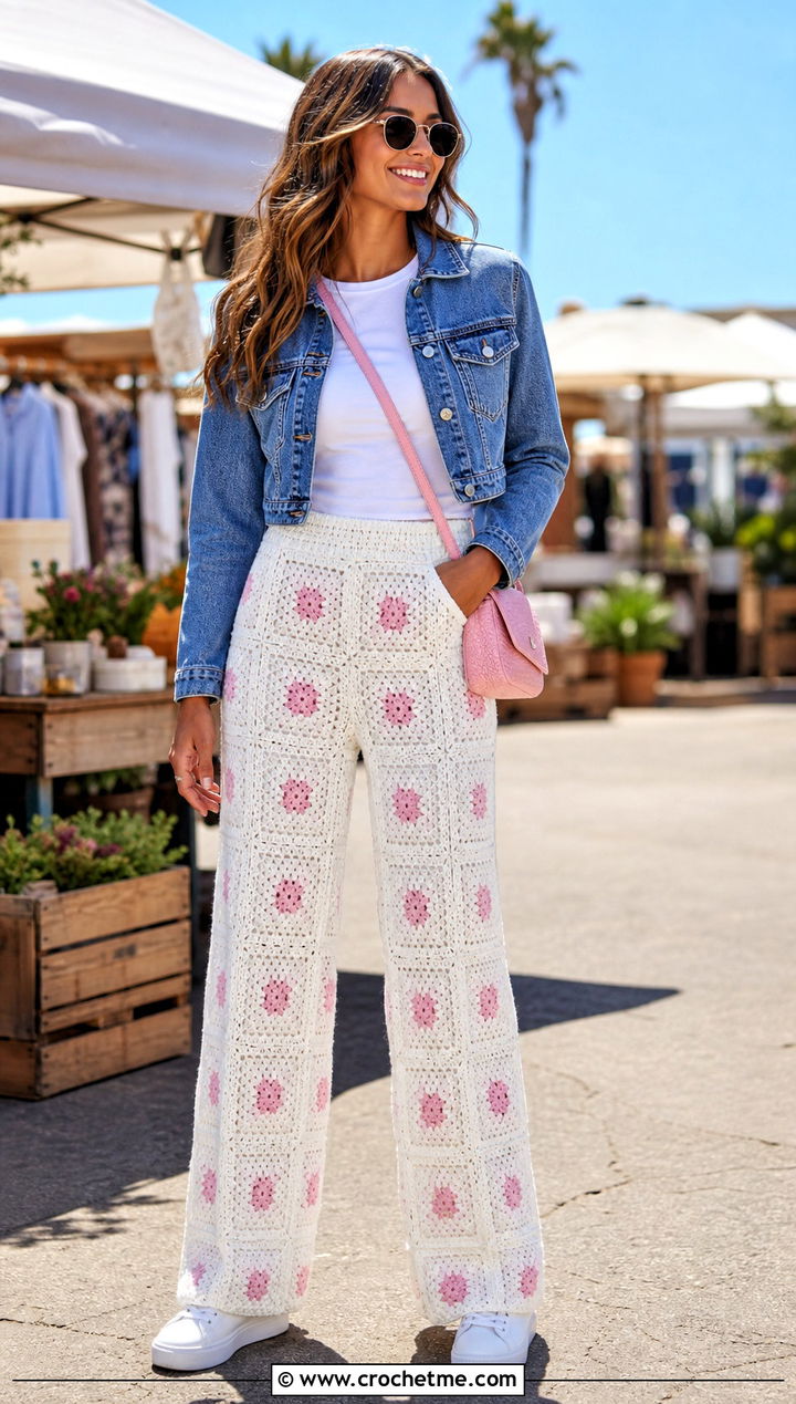 White Granny Square Crochet Trousers With Denim Jacket - 25 White Crochet Trousers outfit ideas