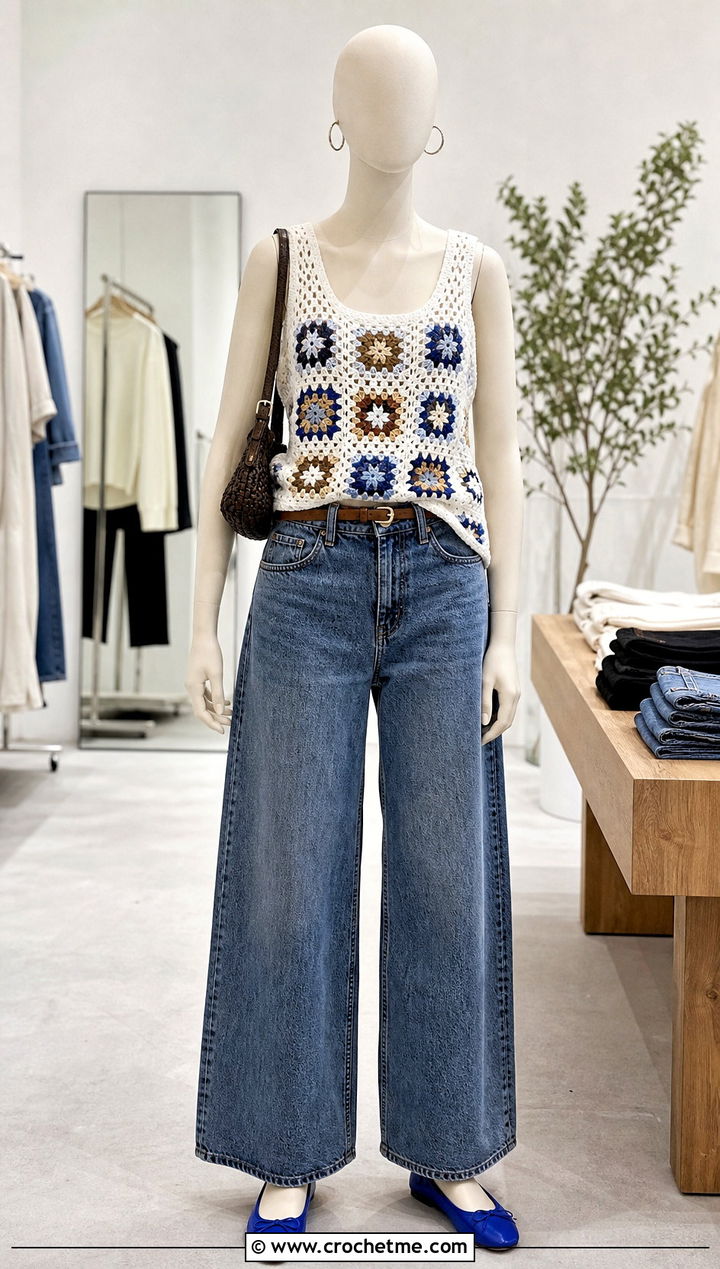 White Granny Square Tank Top With Wide Leg Jeans - 15 white crochet top on mannequin outfit ideas