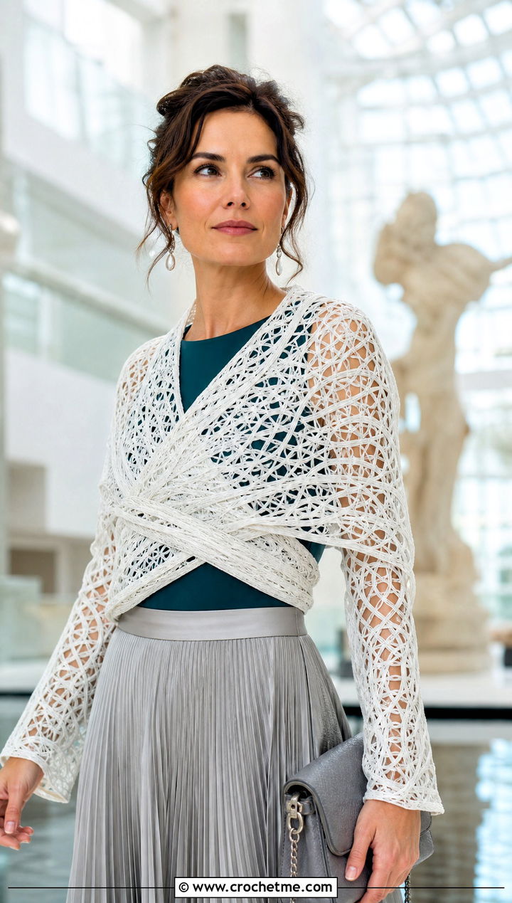 White Hairpin Lace Wrap With Pleated Midi Skirt - 15 White Crocheted Shawl With Intricate outfit ideas