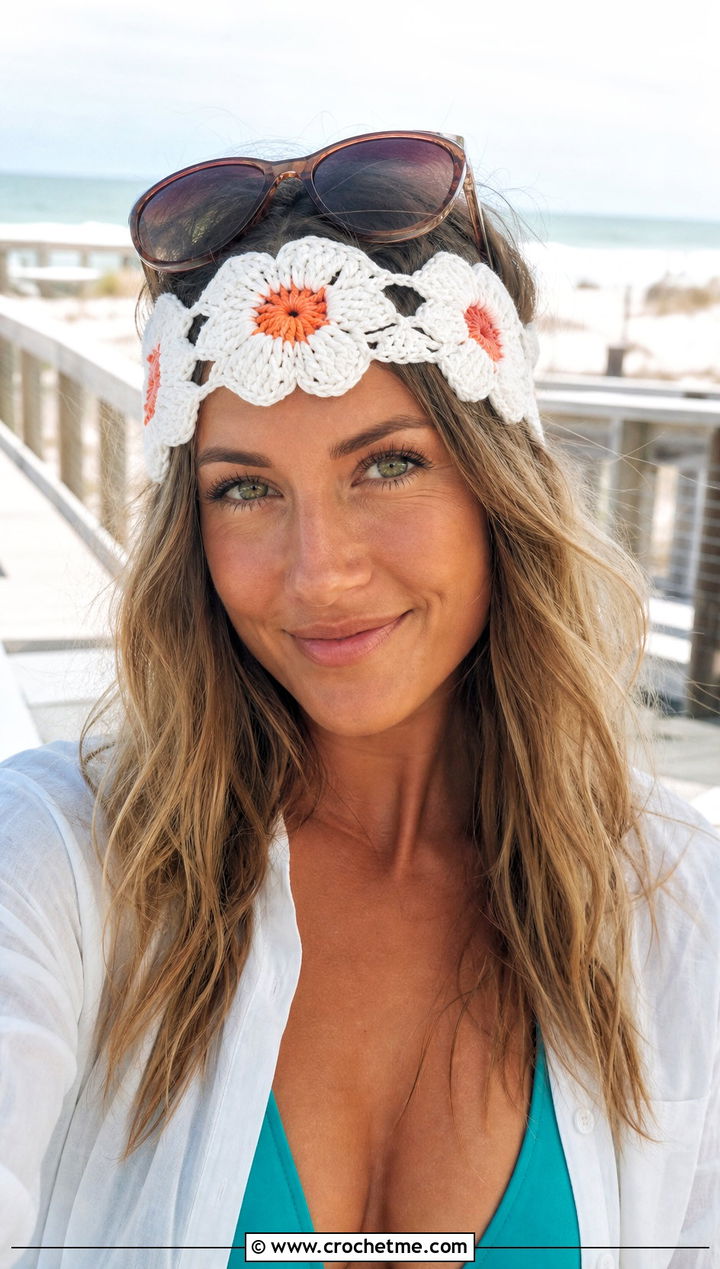 White Hibiscus Crocheted Flower Headband With A Beach Outfit - 15 white crocheted flower headband outfit ideas