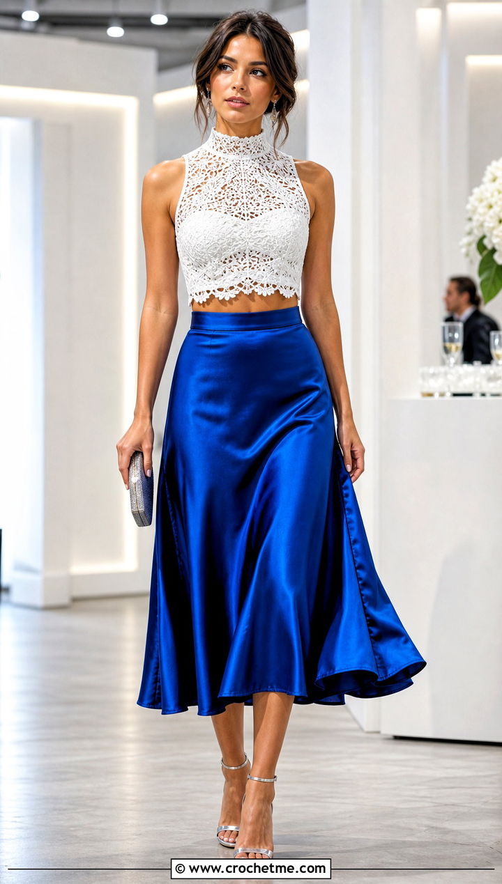 White High Neck Crochet Crop Top With Satin Midi Skirt - 30 white crochet crop top outfit ideas
