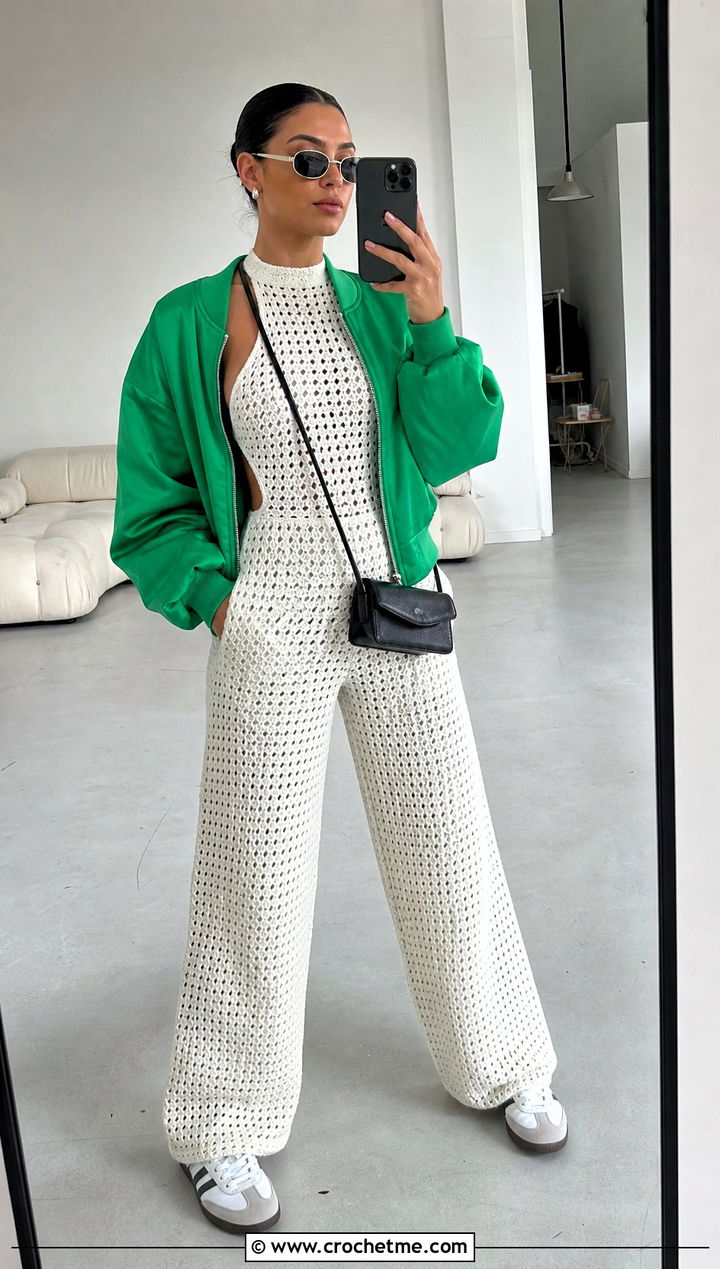 White High Neck Crochet Jumpsuit With Sporty Bomber - 15 white crochet jumpsuit outfit ideas