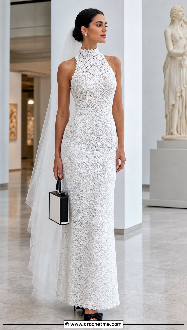 White High Neck Crochet Wedding Dress With Black Bow Heels - 25 white crochet wedding dress outfit ideas