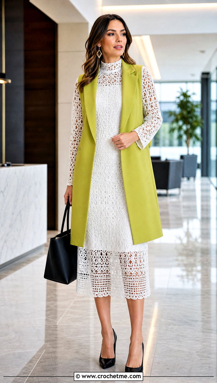 White High Neck Lace Crochet Dress With Long Vest - 15 white lace crochet dress outfit ideas