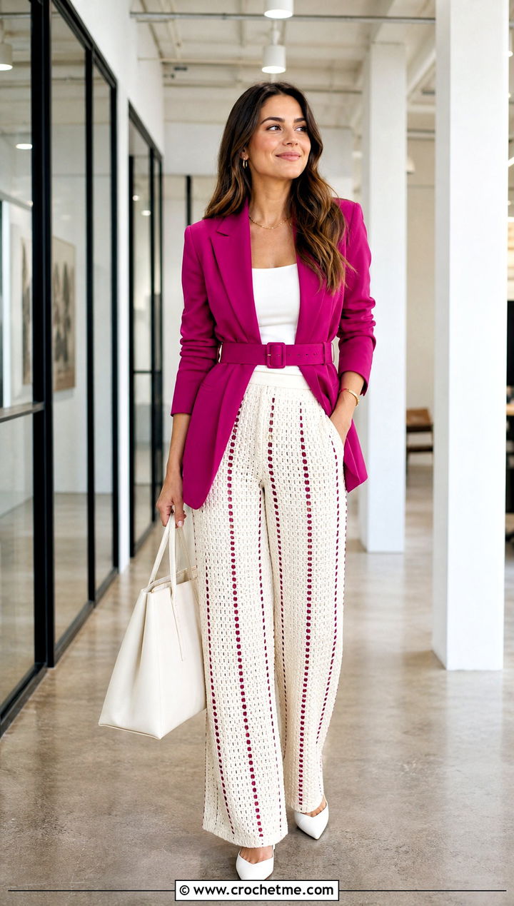 White High Waisted Crochet Trousers With Belted Blazer - 25 White Crochet Trousers outfit ideas