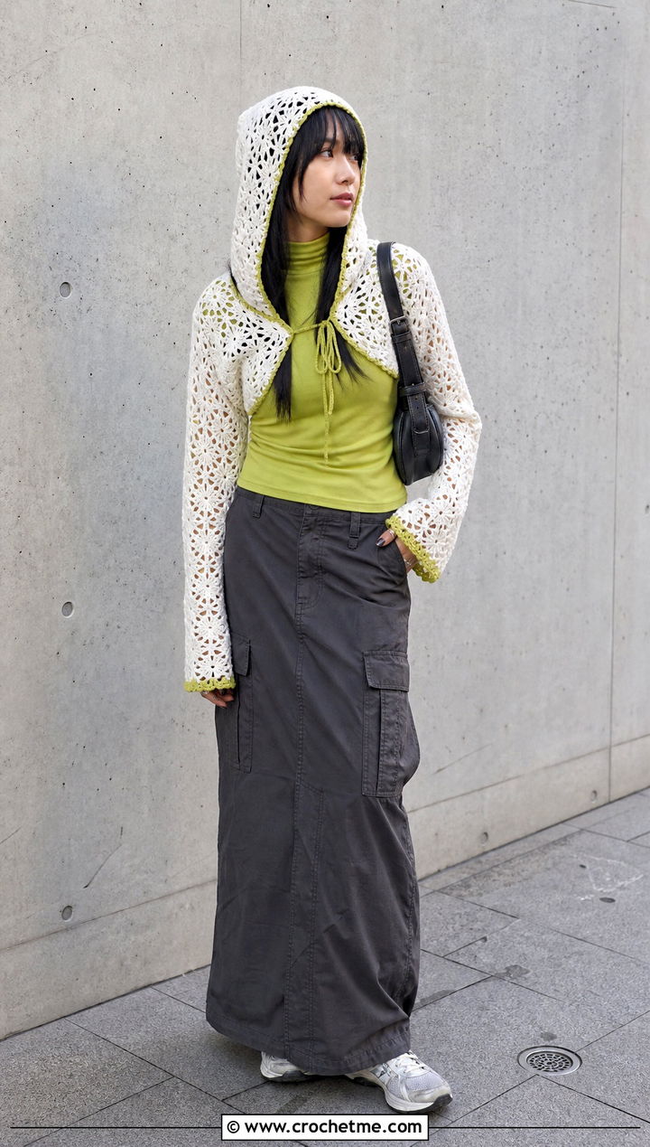 White Hooded Crochet Bolero With Cargo Maxi Skirt - 15 white crochet bolero jacket outfit ideas