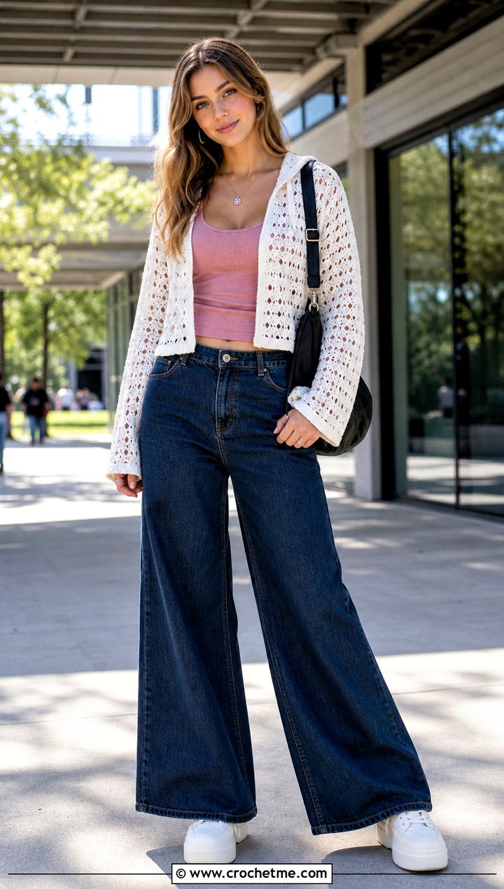 White Hooded Crochet Shrug With Wide Leg Jeans - 30 White Crochet Shrug outfit ideas