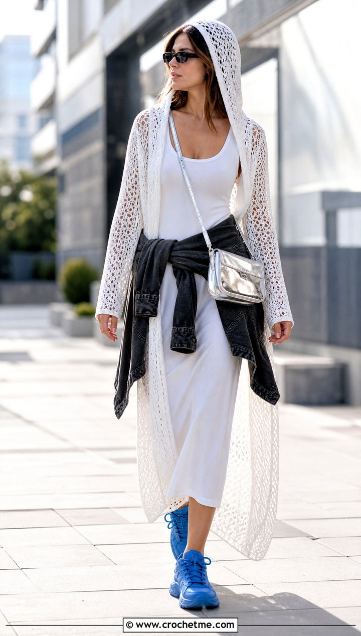 White Hooded Long Crochet Dress With Chunky Sneakers - 25 white long crochet dress outfit ideas