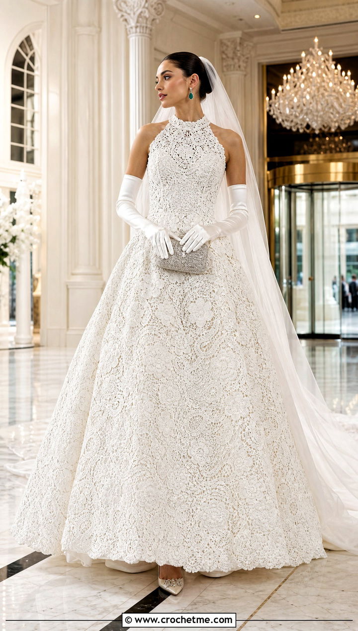 White Irish Crochet Ball Gown With Satin Opera Gloves - 25 white crochet wedding dress outfit ideas