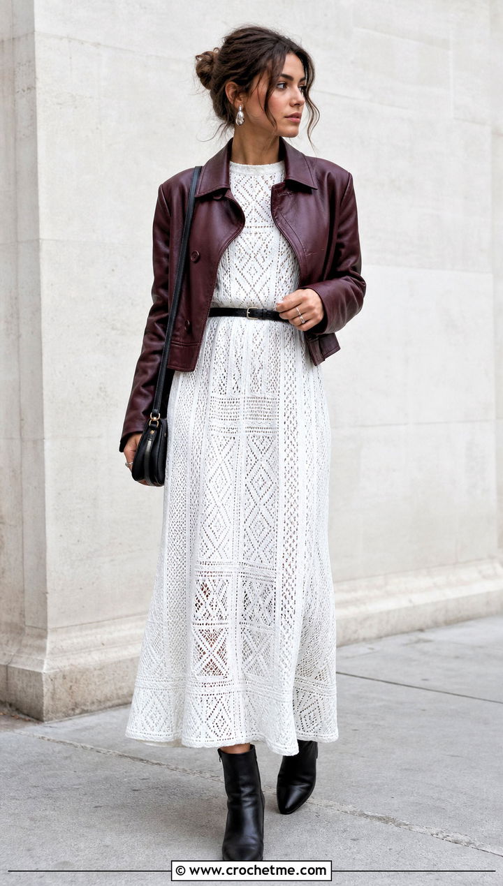 White Lace Crochet Maxi Dress With Leather Jacket - 15 white lace crochet dress outfit ideas