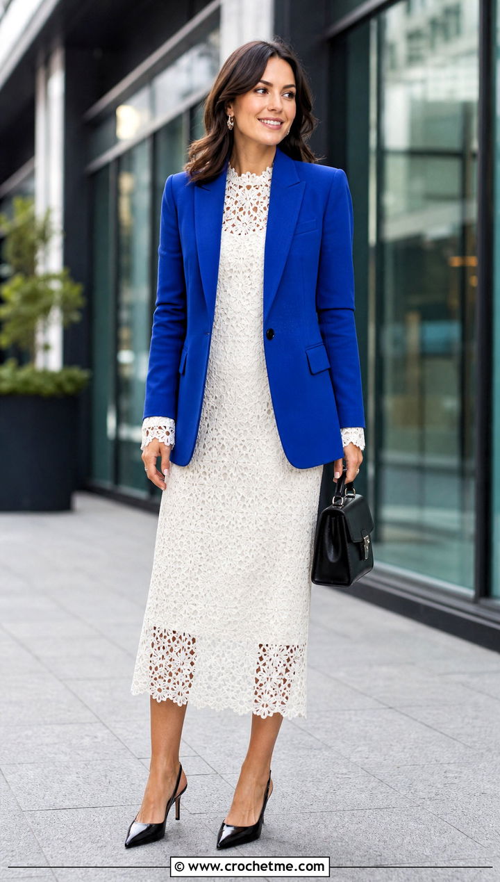 White Lace Crochet Midi Dress With Tailored Blazer - 15 white lace crochet dress outfit ideas