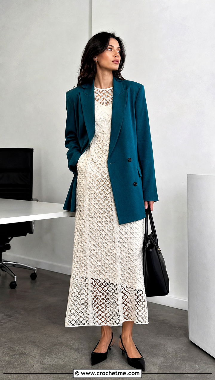 White Lace Mesh Long Crochet Dress With Oversized Blazer - 25 white long crochet dress outfit ideas