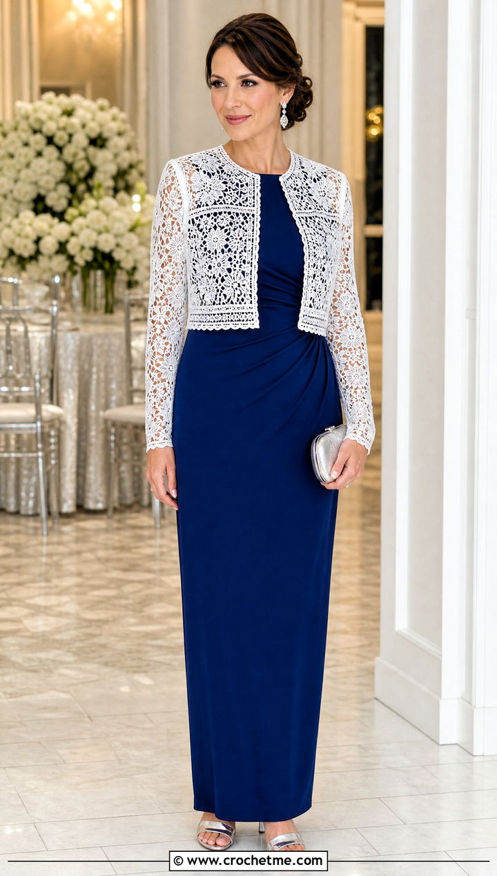 White Lace Panel Crochet Shrug With Column Dress - 30 White Crochet Shrug outfit ideas