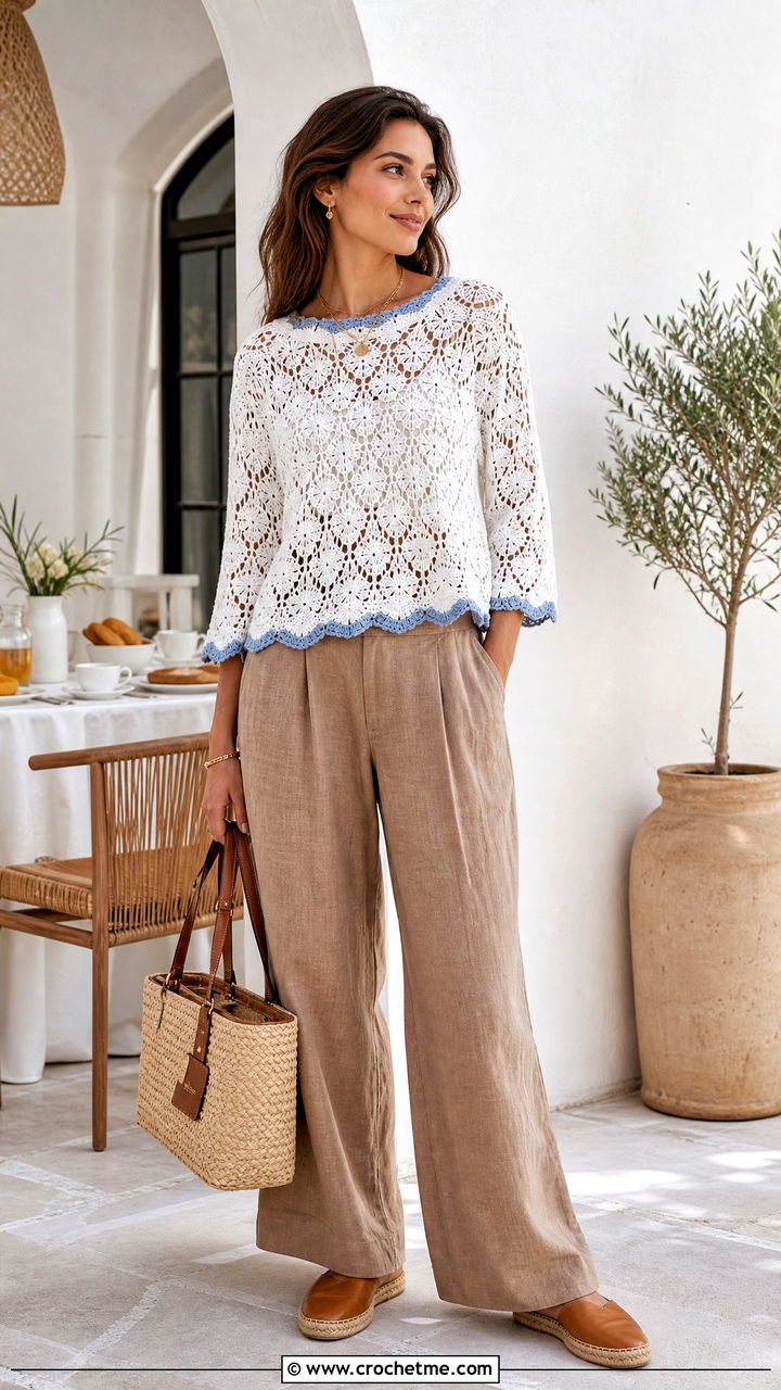 White Lace Stitch Crochet Sweater With Linen Pants - 35 white crochet sweater outfit ideas