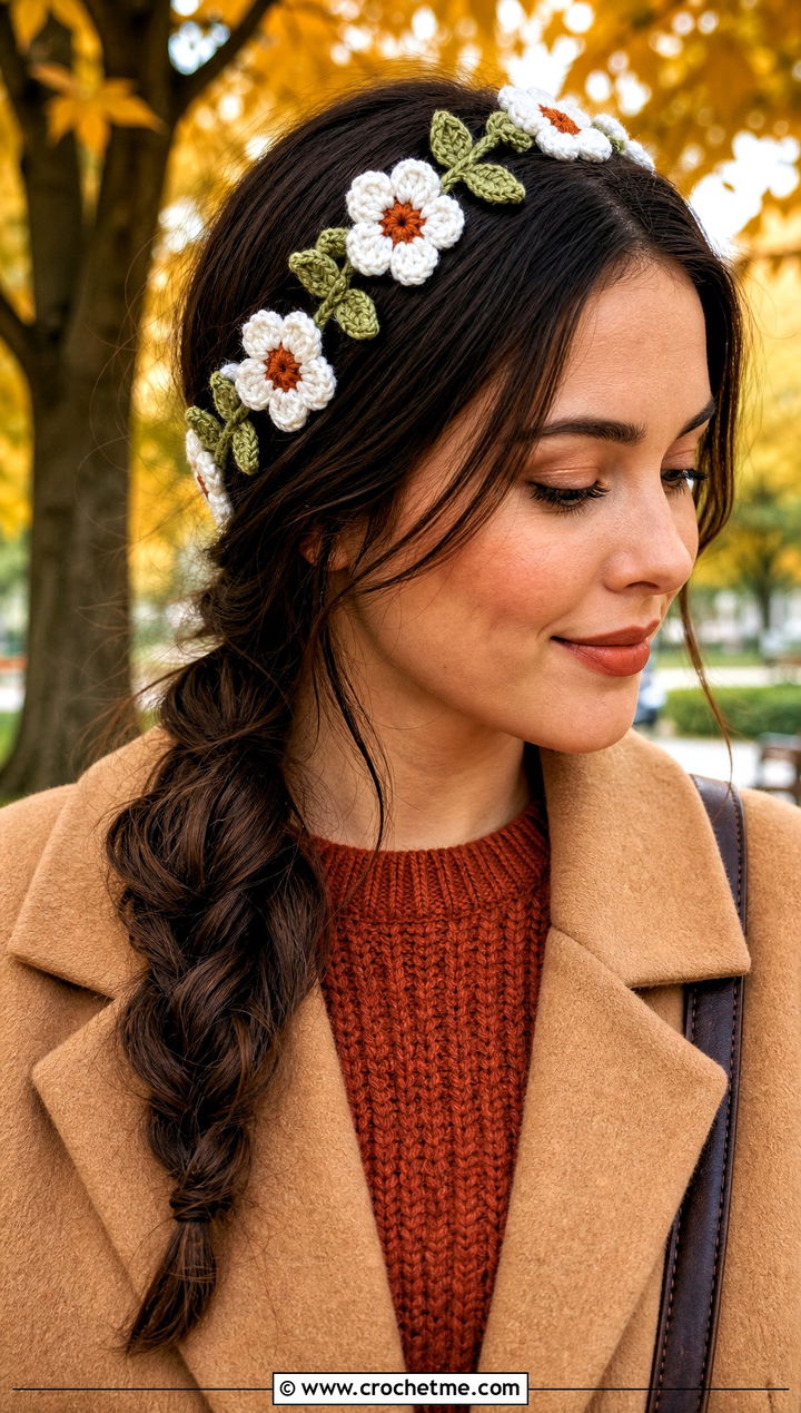 White Leafy Vine Crocheted Flower Headband With Fall Layers - 15 white crocheted flower headband outfit ideas