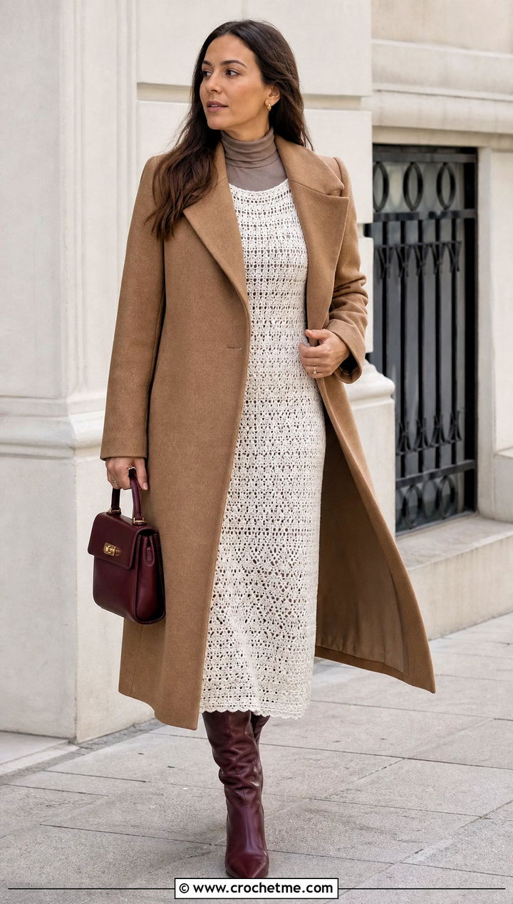 White Long Sleeve Crochet Maxi Dress With Knee High Boots - 25 white long crochet dress outfit ideas