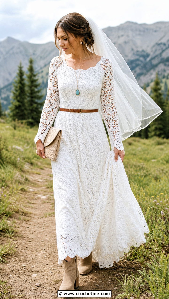 White Long Sleeve Crochet Wedding Dress With Suede Boots - 25 white crochet wedding dress outfit ideas