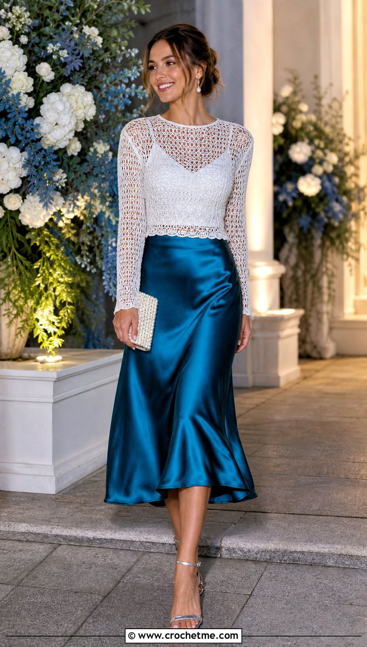 White Long Sleeve Mesh Crochet Top With Satin Skirt - 15 white crochet top on floral background outfit ideas