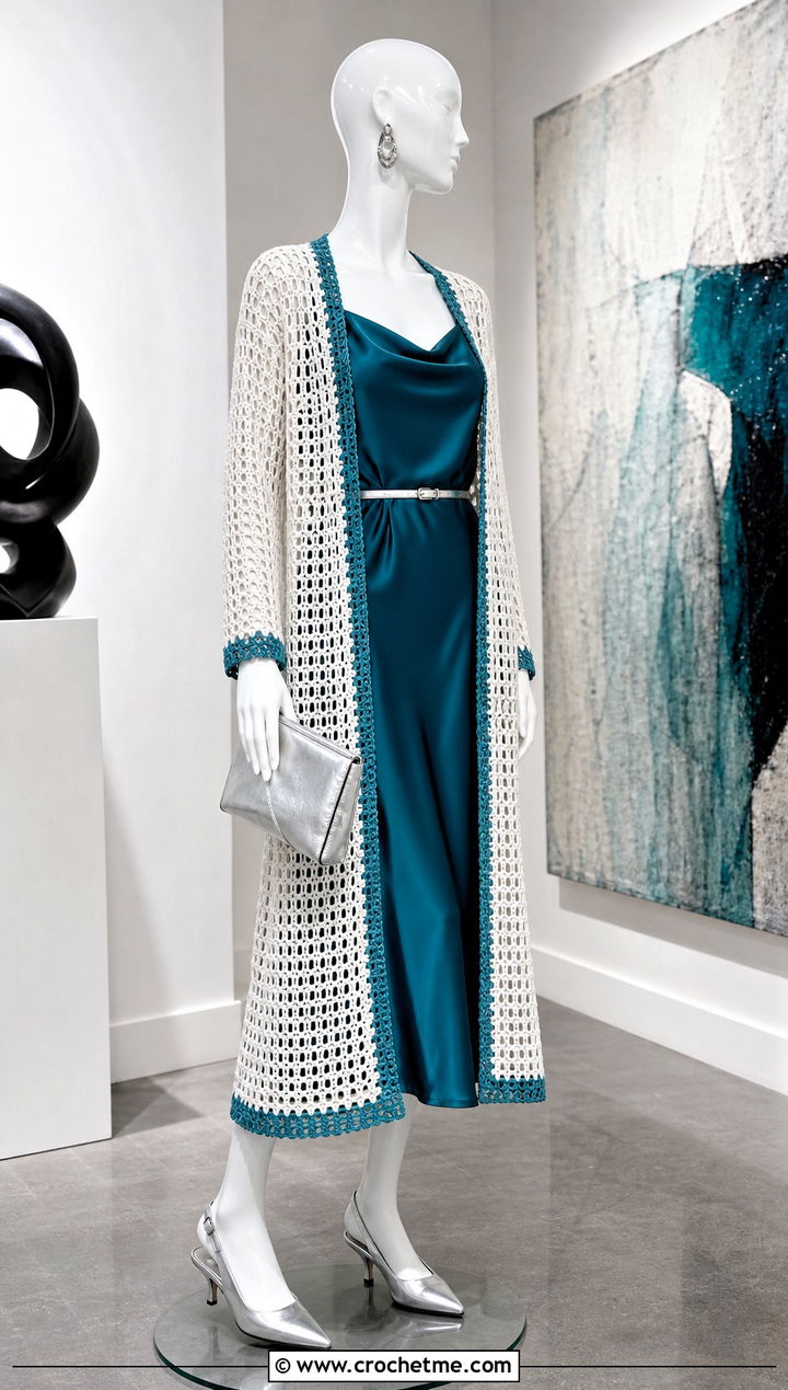 White Longline Crochet Cardigan With Satin Slip Dress - 15 White Crochet Cardigan On Mannequin outfit ideas