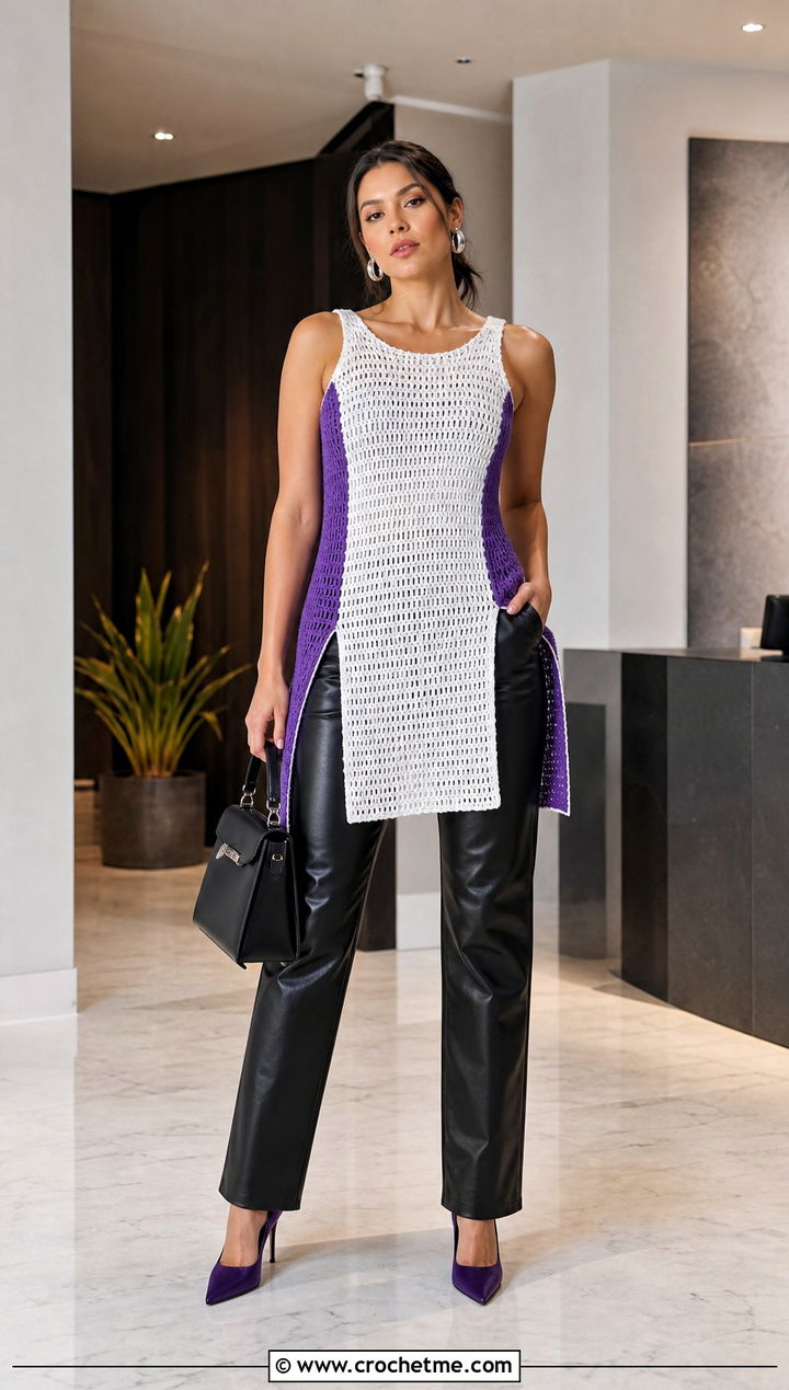White Longline Crochet Tank Top With Leather Pants - 30 White Crochet Tank Top outfit ideas
