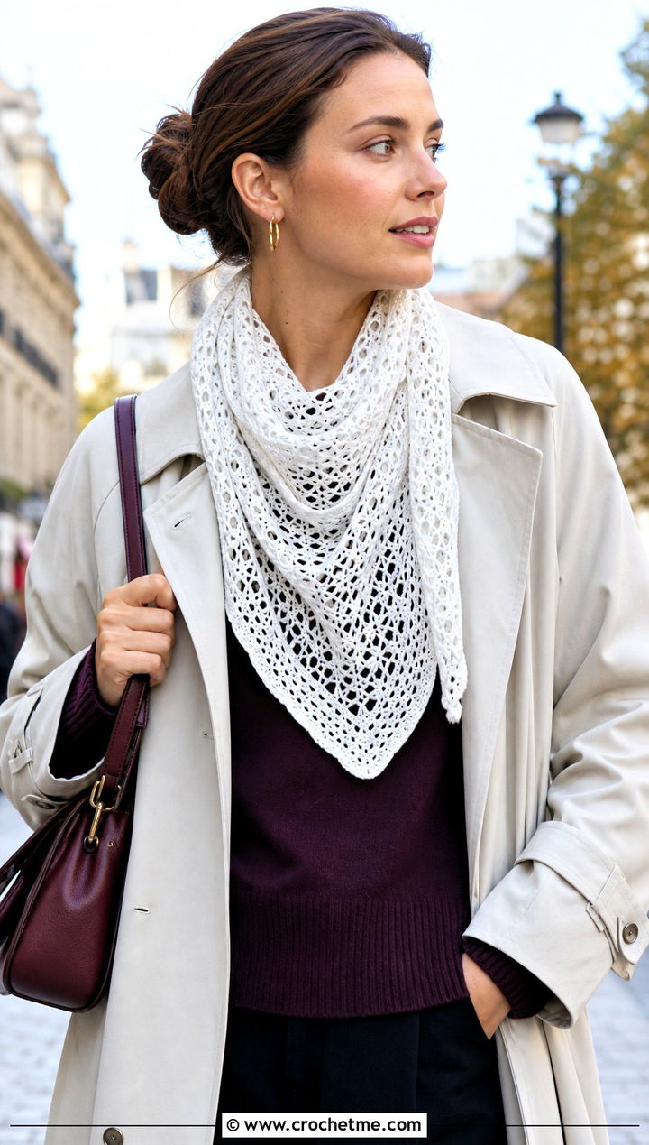 White Mesh Bandana Shawl With Trench Coat - 15 White Crocheted Shawl With Intricate outfit ideas