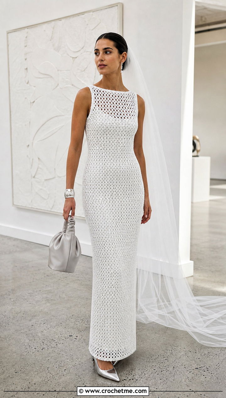 White Mesh Crochet Column Wedding Dress With Silver Slingbacks - 25 white crochet wedding dress outfit ideas