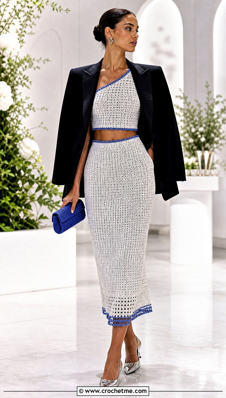 White Metallic Thread Crochet Skirt Set With Tuxedo Blazer - 15 white crochet skirt set outfit ideas